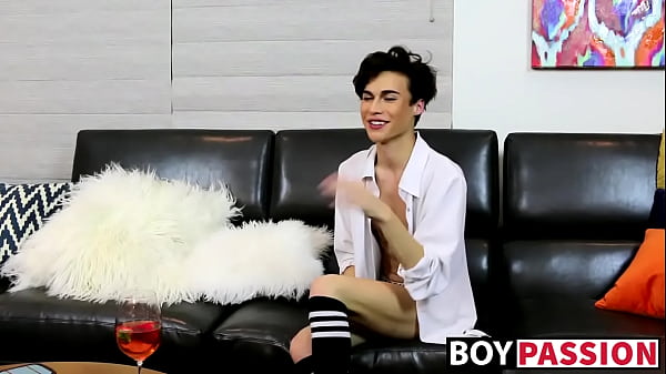 Makeup-wearing twink strokes cock after sex interview