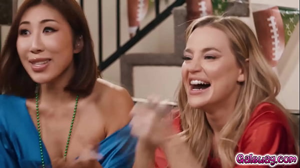 Steamy foursome with sexy ladies Nicole Doshi Hailey Rose and Ameena Green and Blake Blossom while watching a football game