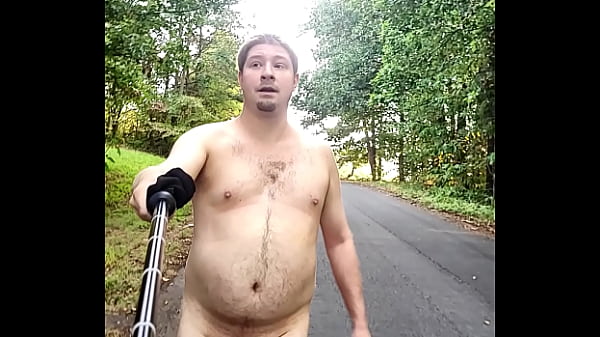 Exhibitionist Nudist walks butt naked in woods/forest and on public road, open field