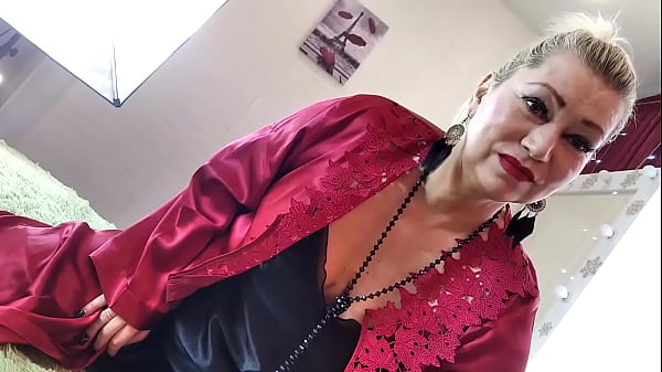 Mature Slut Wife in a red satin negligee, with a ponytail on her head and a dick in her mouth ...))