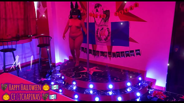 The playboy bunny says Happy Halloween on the catwalk to her Chapina Bella