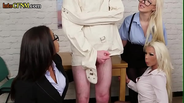 CFNM group of dominas suck and jerk cock of lunatic