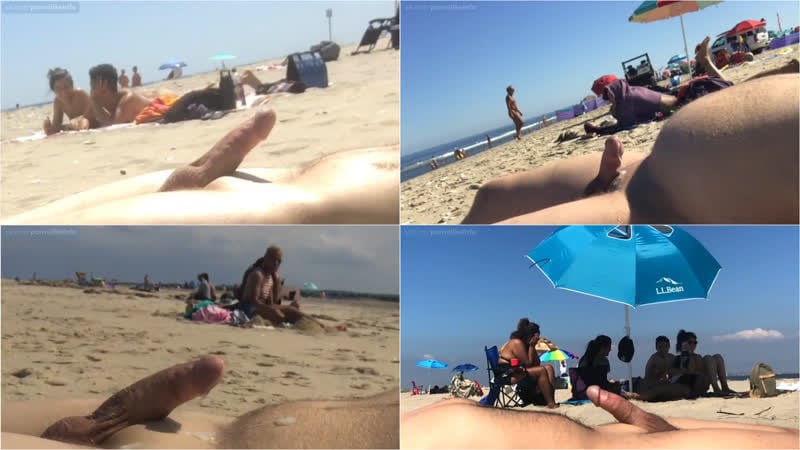 Reaktion von Mädchen auf eine Erektion des Penis eines Mannes am Strand und freihändige Ejakulation (Cumshot, Voyeur, Strand, Amateur, Sperma, Cums, Nudist)